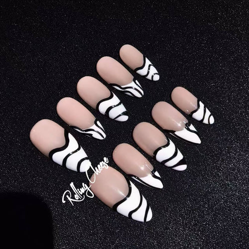 Black & White Abstract Press-On Nails | Minimalist Handmade Nail Set | Almond Shape